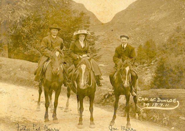 Father Patrick Barry, Catherine Bridge Barry and Joseph Barry horseback riding at Gap of Dunloe